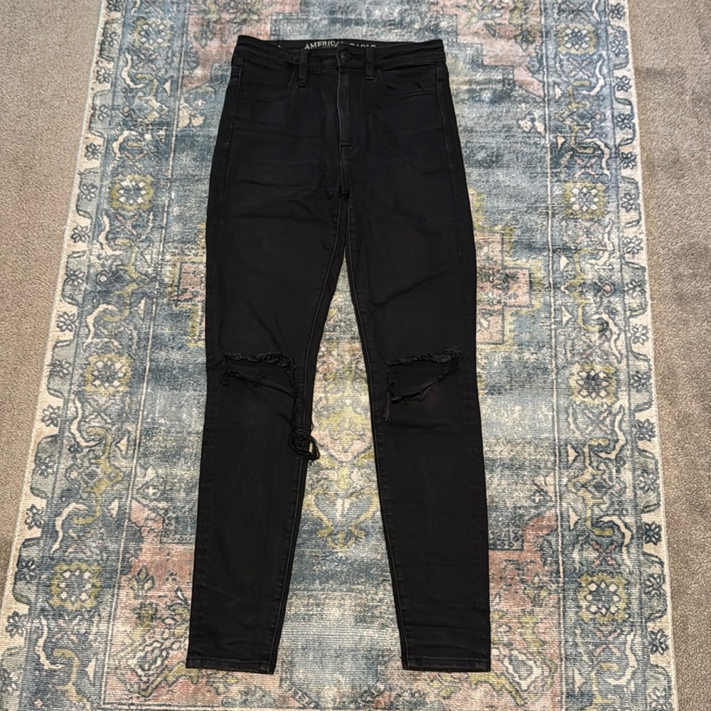 American Eagle Super Stretch X Hi Rise Skinny Black Jeans with distressed knees